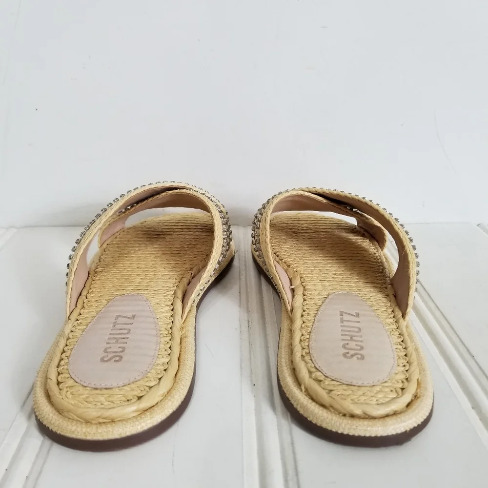 Schutz Rhinestone Raffia Sandals Womens Carlotta Crossover Flat Summer Shoes 6 - Picture 4 of 15